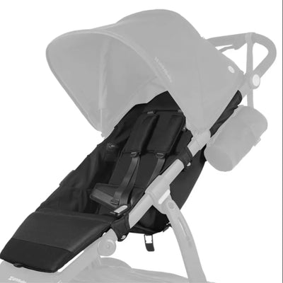 UPPAbaby Ridge replacement seat fabric in Jake, black stroller seat with matching canopy on white frame
