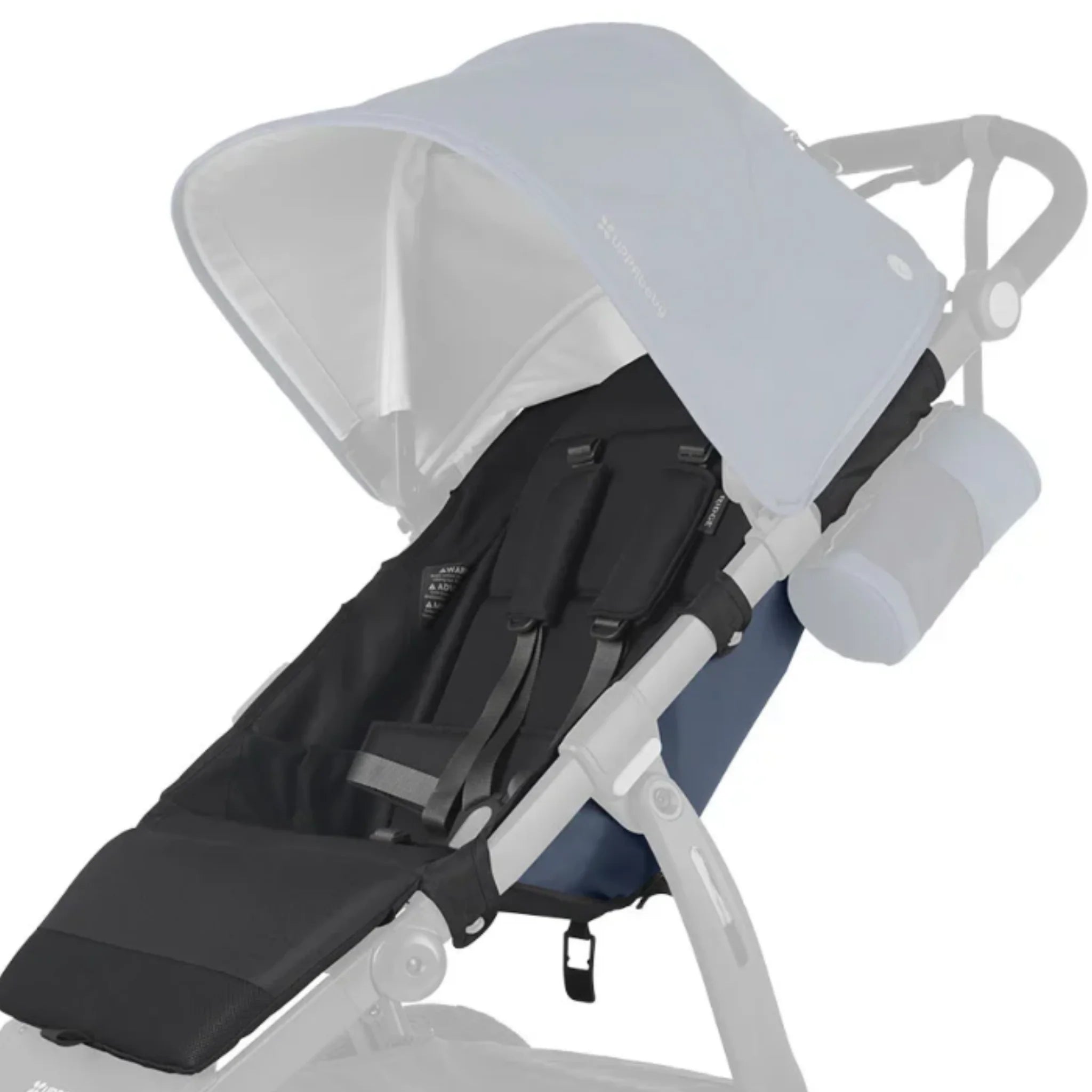 UPPAbaby Ridge replacement seat fabric in Reggie, black stroller seat with blue canopy on white frame