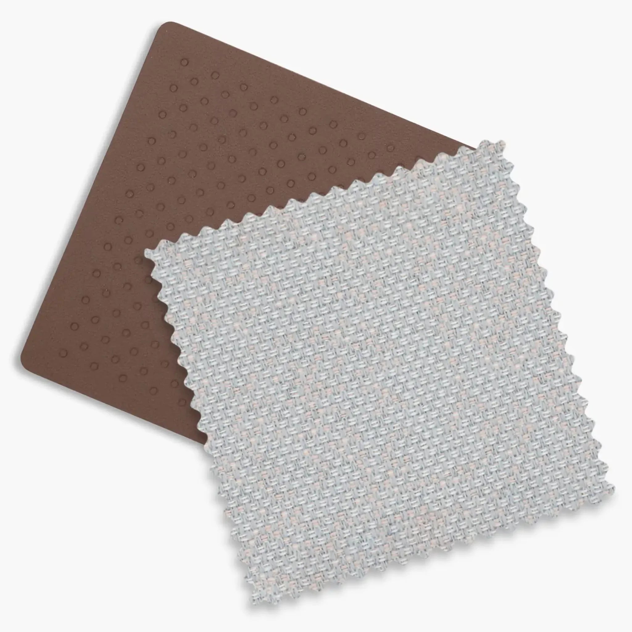Swatches of the chestnut leather and pearl grey jacquard of the Savannah fashion.