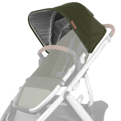 UPPAbaby Vista V2 canopy fabric in Hazel, olive green stroller canopy on white frame