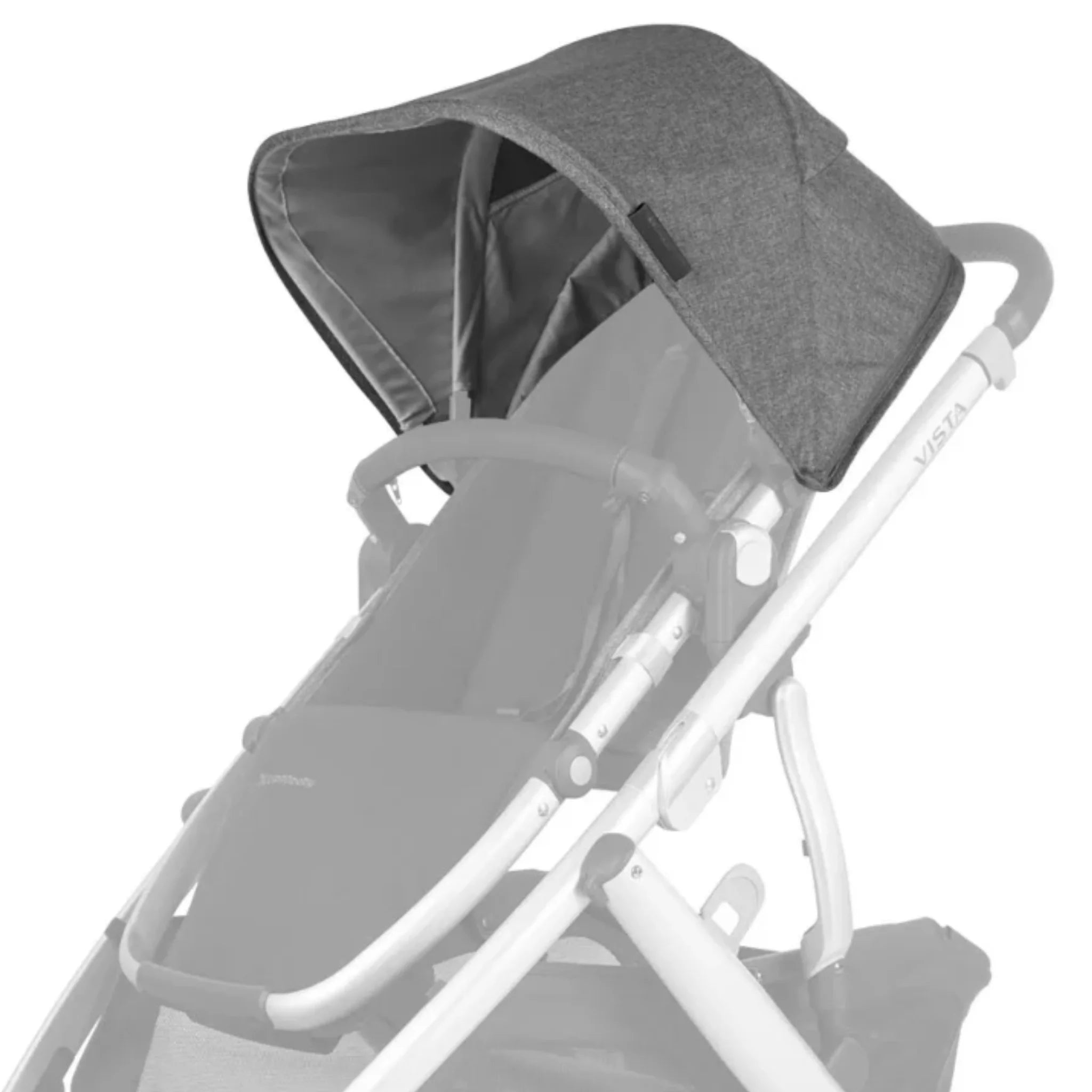 UPPAbaby Vista V2 canopy fabric in Jordan, charcoal grey stroller canopy on white frame