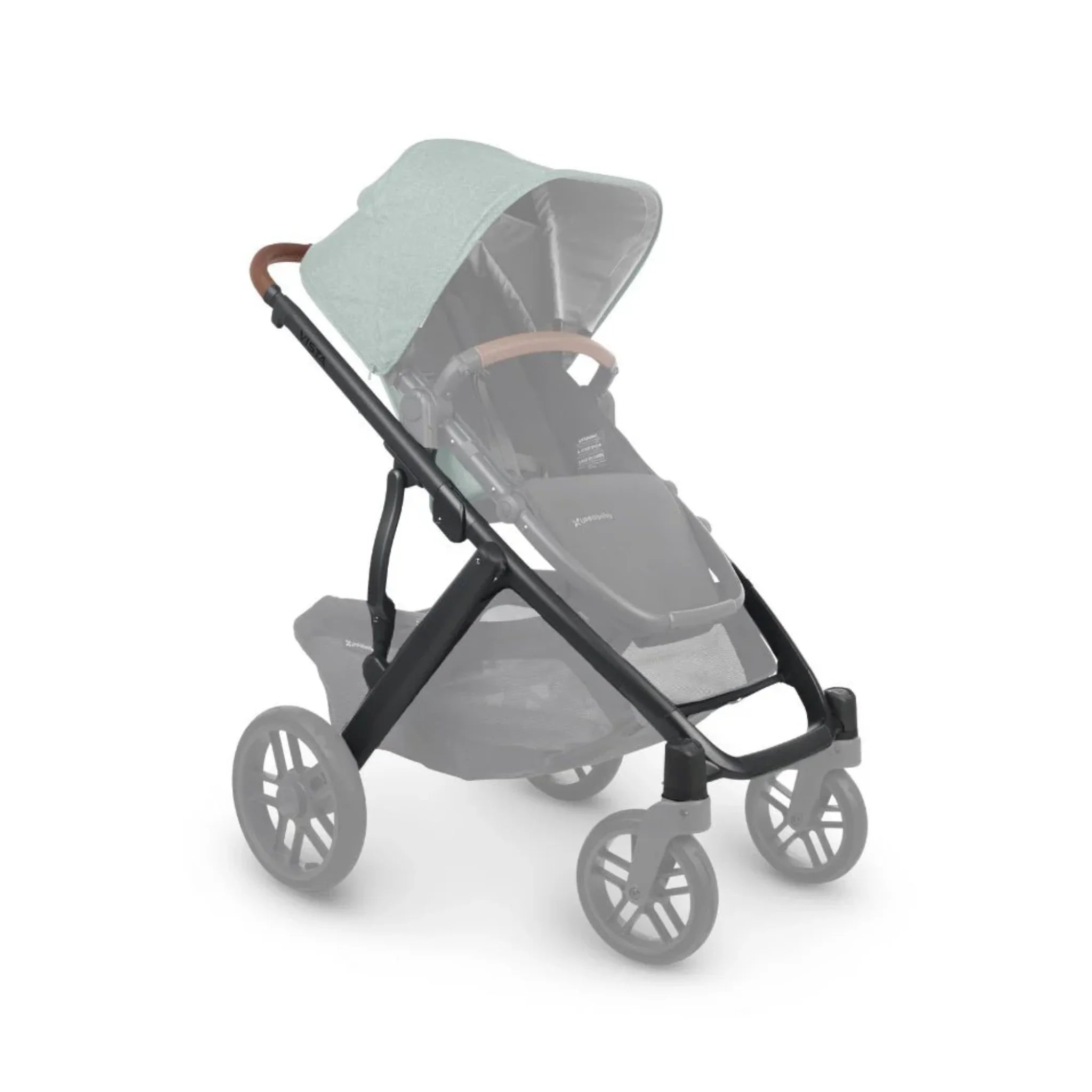 UPPAbaby Vista V2 replacement base frame in carbon with saddle leather handlebar, shown without seat, canopy or wheels.