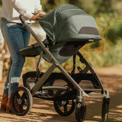 Close-up of the Vista V3 in full recline position with sunshade extended.