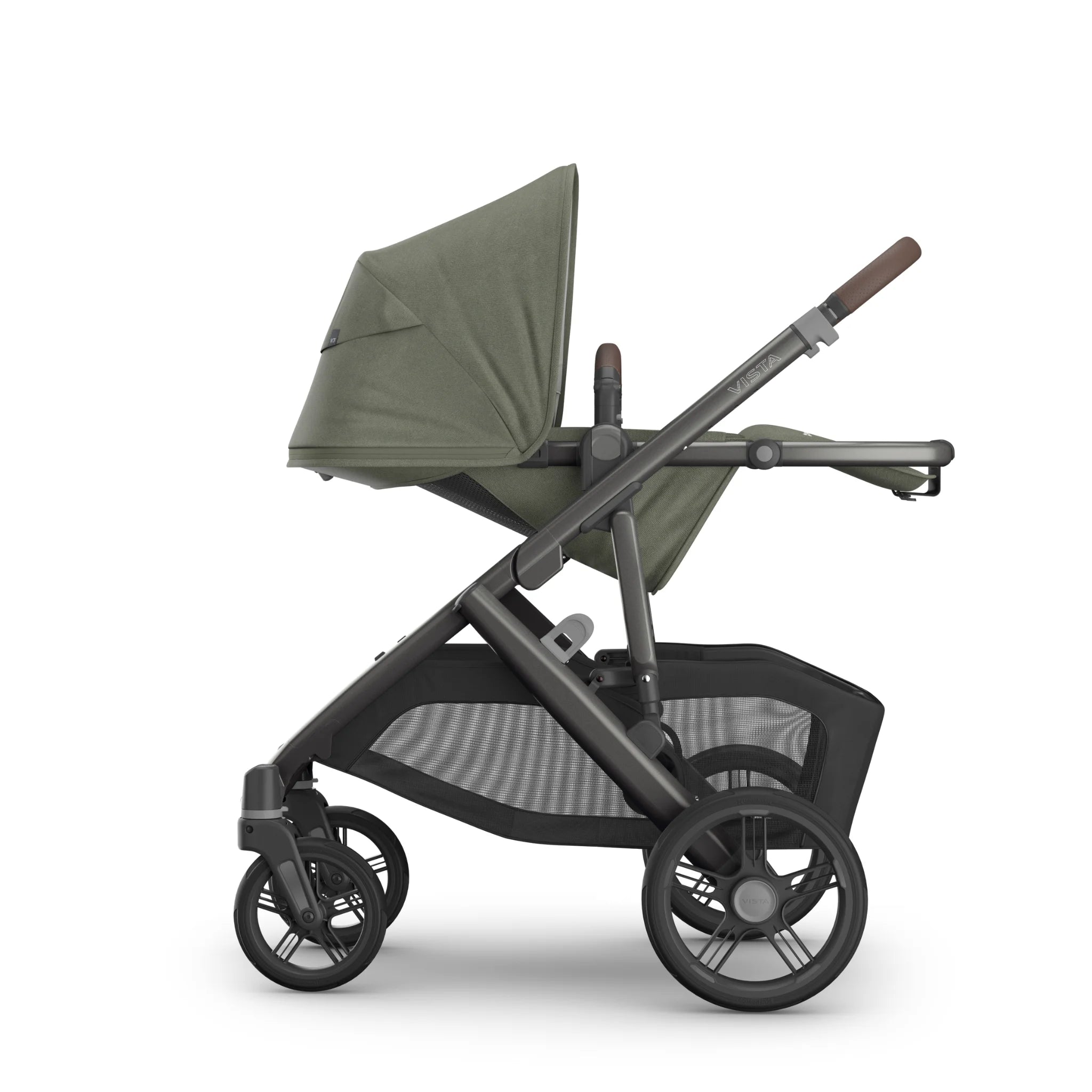 Evelyn Vista V3 in full recline position, parent-facing on a white background