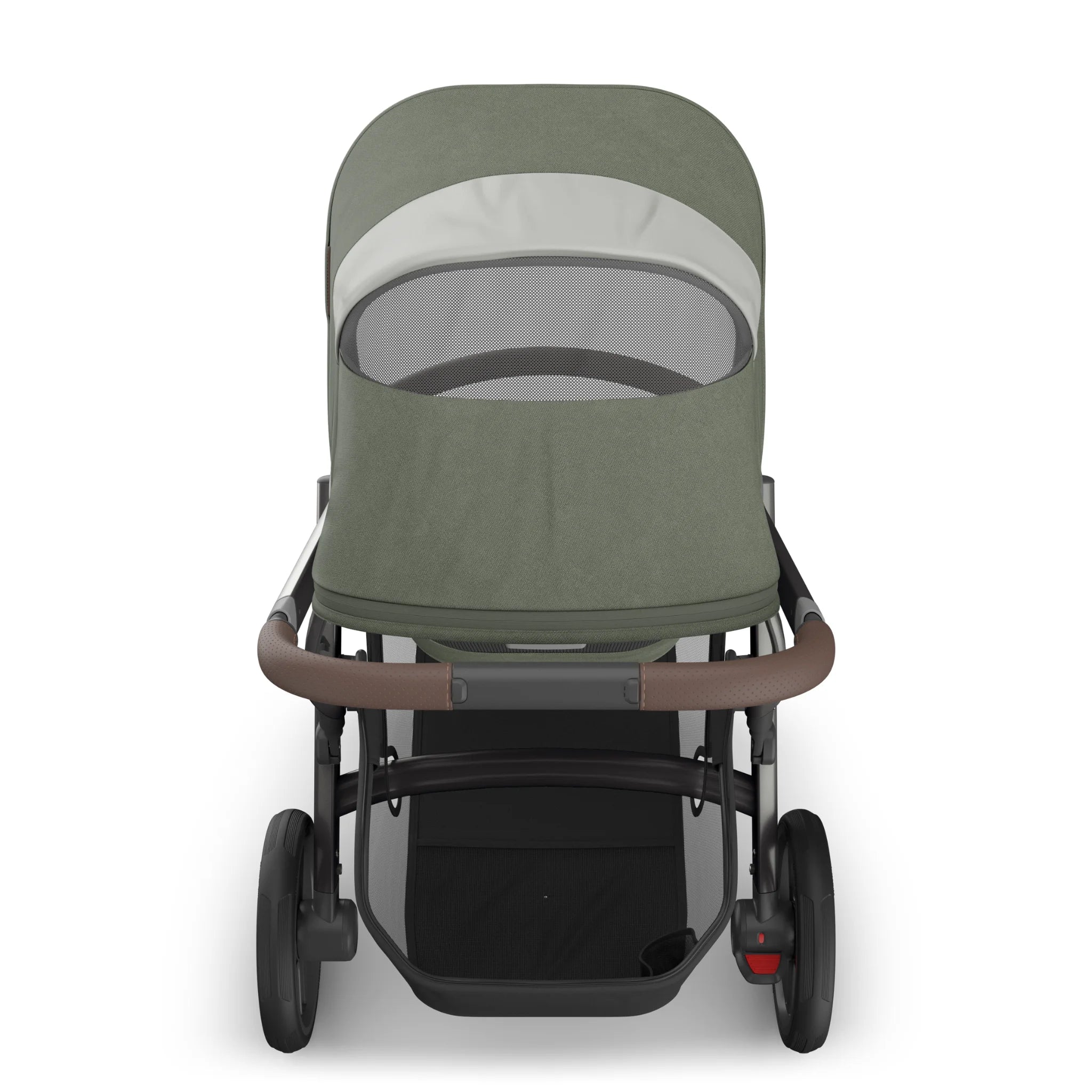 Top down view of the large basket and mesh peek-a-boo window on the Vista V3 stroller.