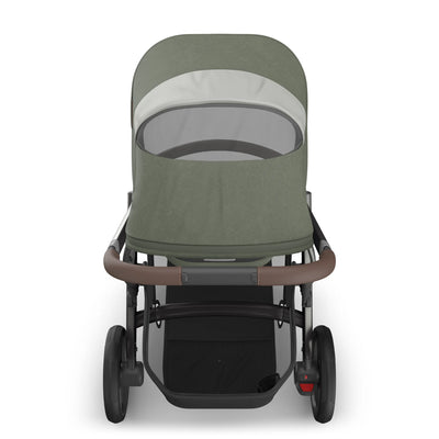 Top down view of the large basket and mesh peek-a-boo window on the Vista V3 stroller.