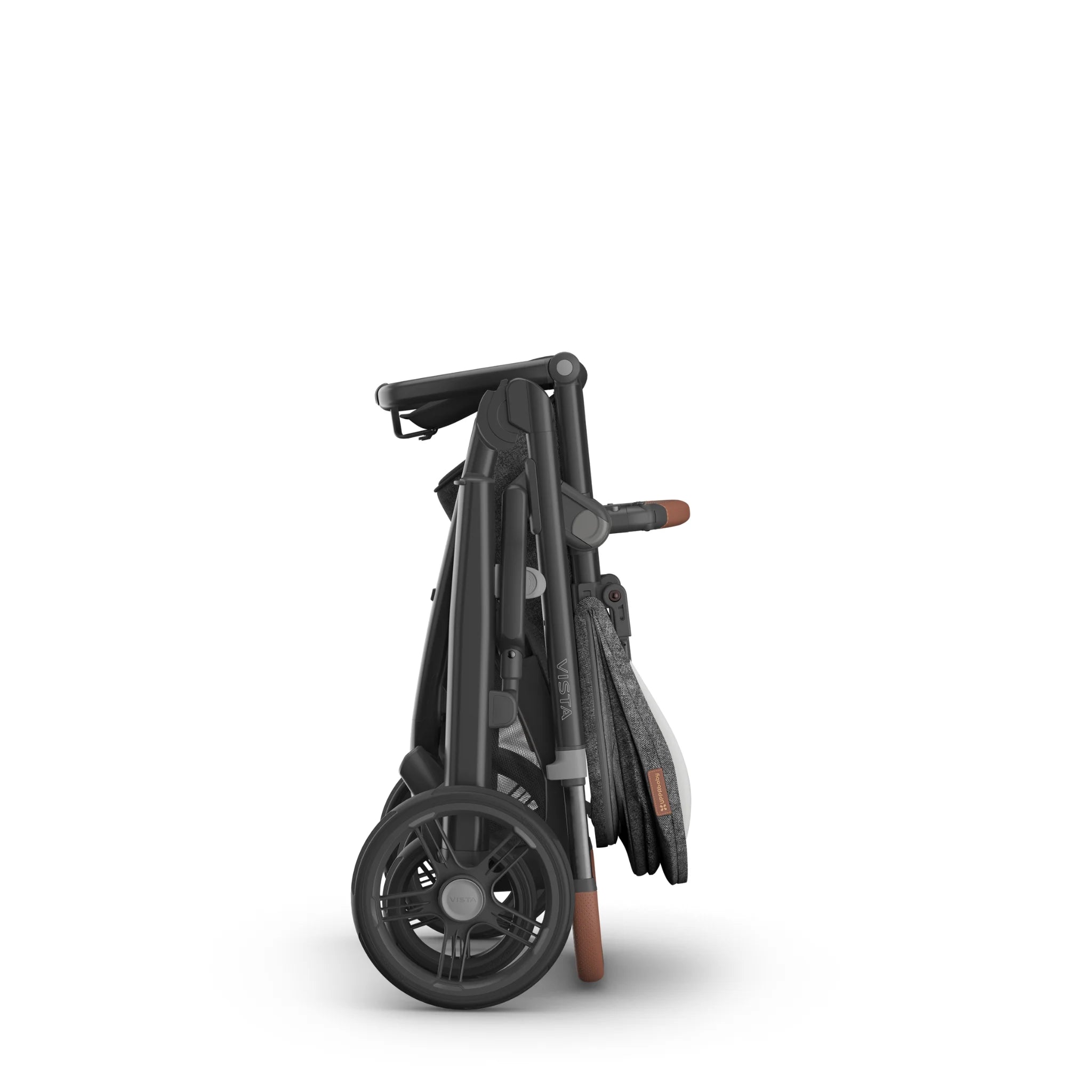 Vista V3 stroller standing while folded in a compact fold in Greyson fashion.