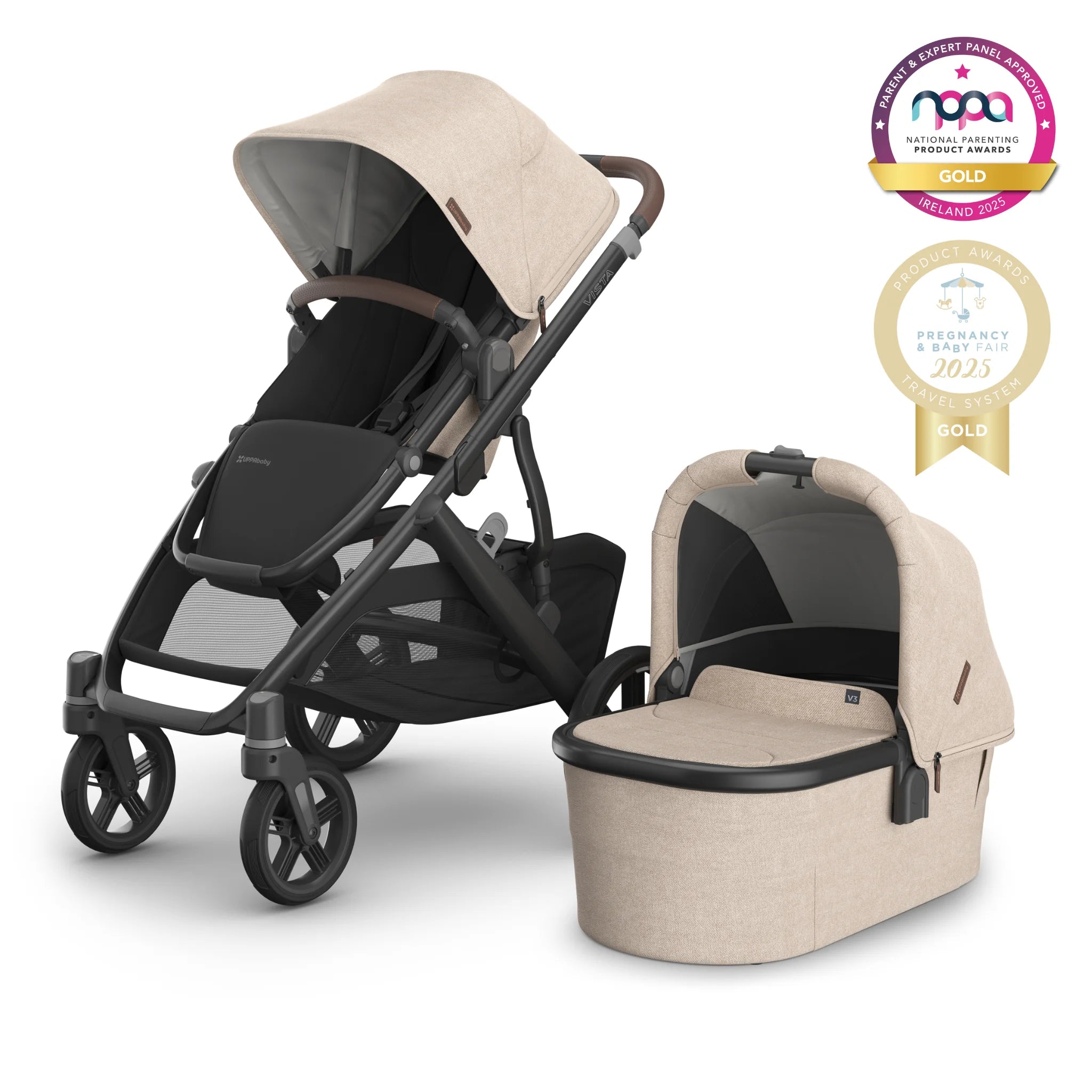 Vista beige Liam fashion on a white background with gold award logos.