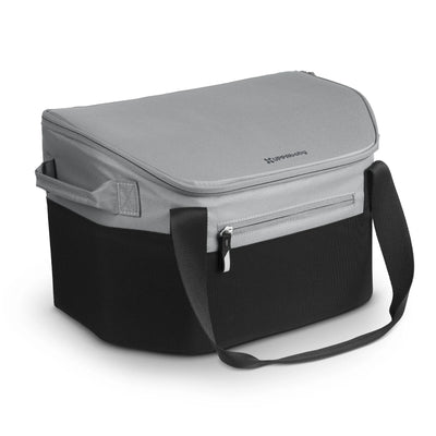 Grey and black UPPAbaby Bevvy cooler bag with a shoulder strap on a white background.
