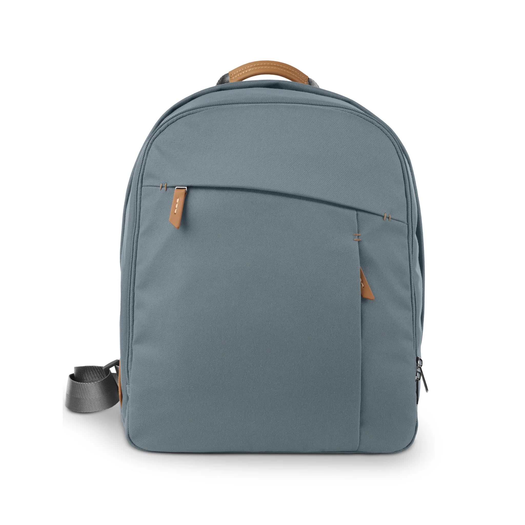 Slate blue UPPAbaby changing backpack with tan leather accents, displayed upright on a white background.