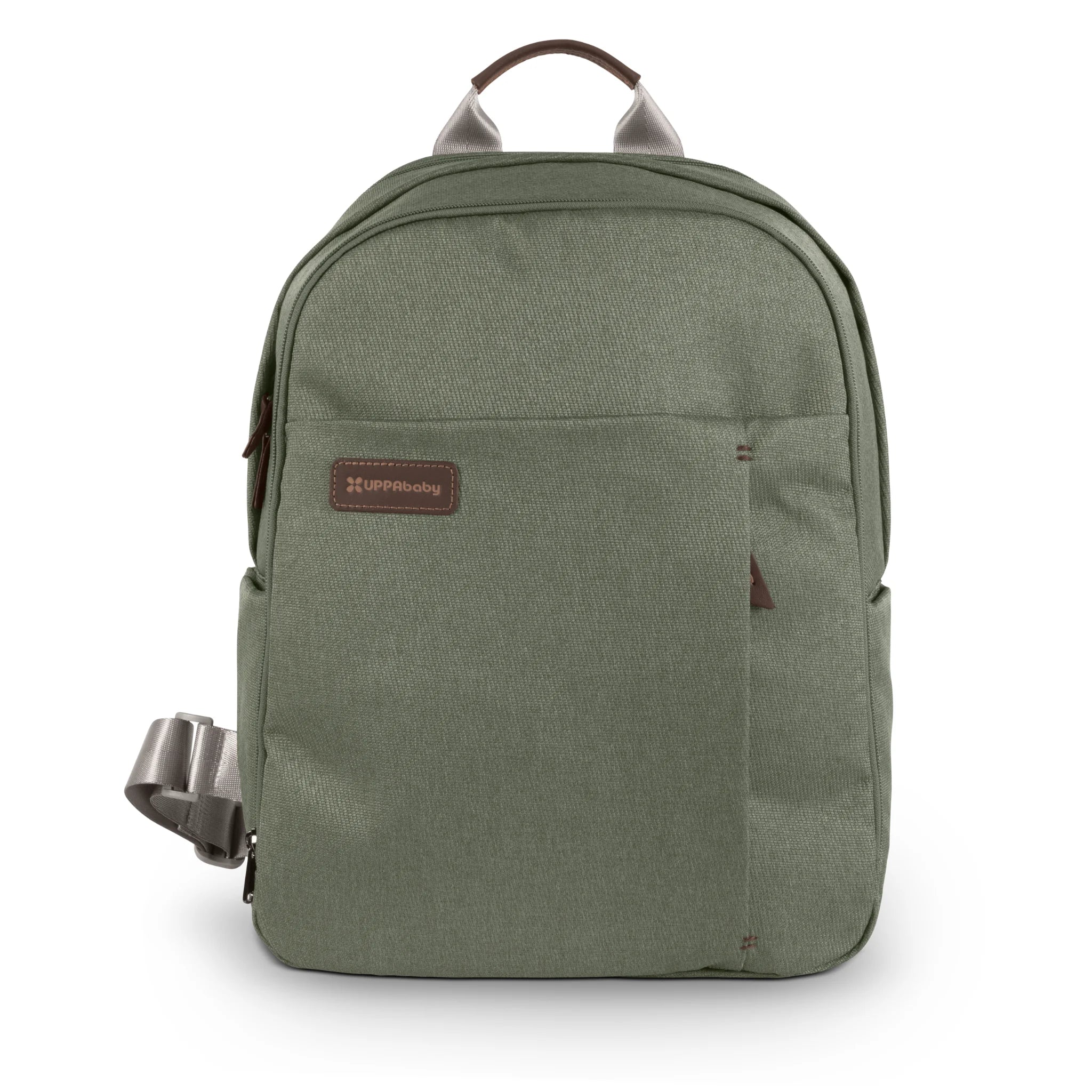 Evelyn green changing backpack shown on a white background, featuring a structured silhouette, top carry handle with brown accent, front pocket, and visible UPPAbaby logo patch.