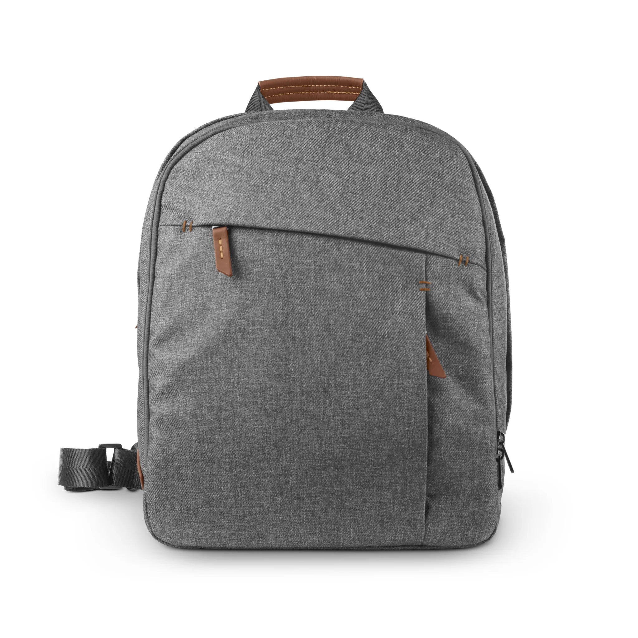 Grey UPPAbaby Changing Backpack (Greyson) with brown leather accents and top handle, shown against a white background.
