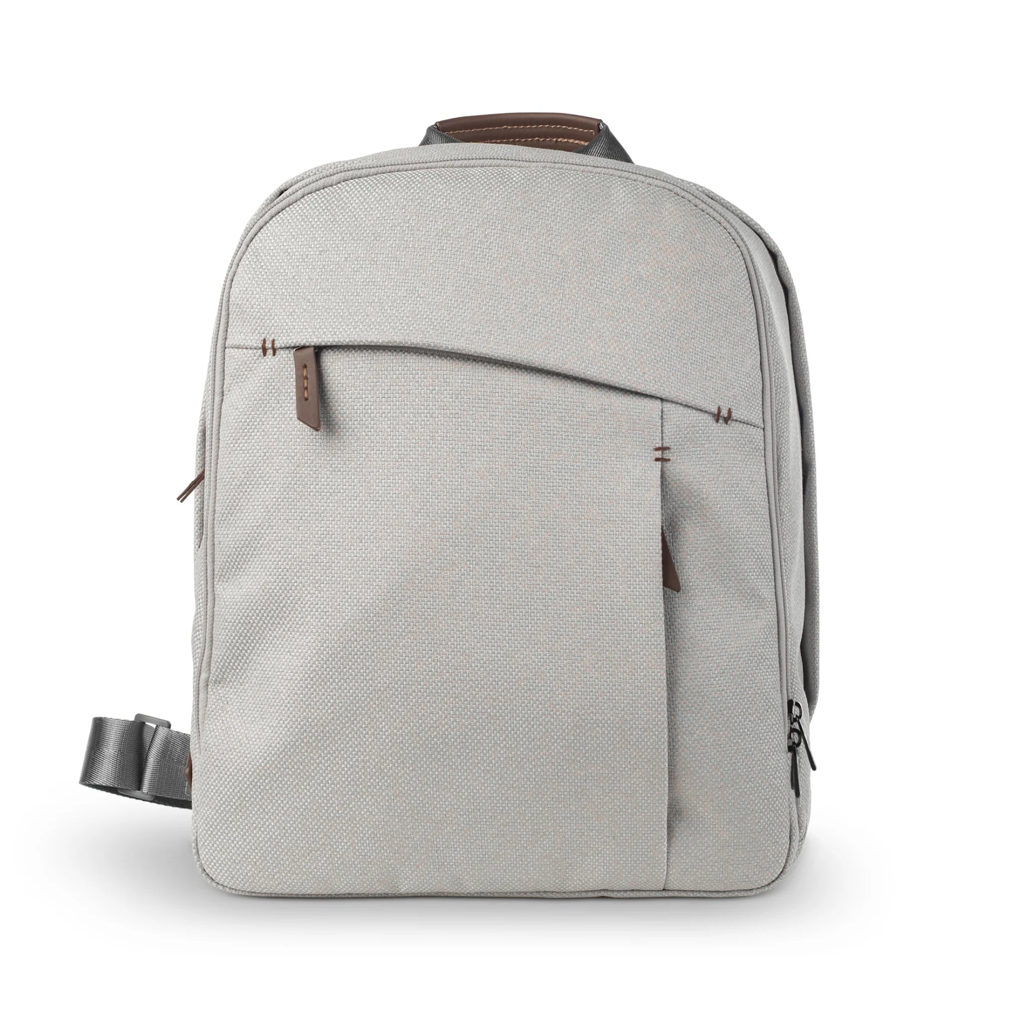 Light gray UPPAbaby changing backpack with brown leather accents, shown upright on a white background.