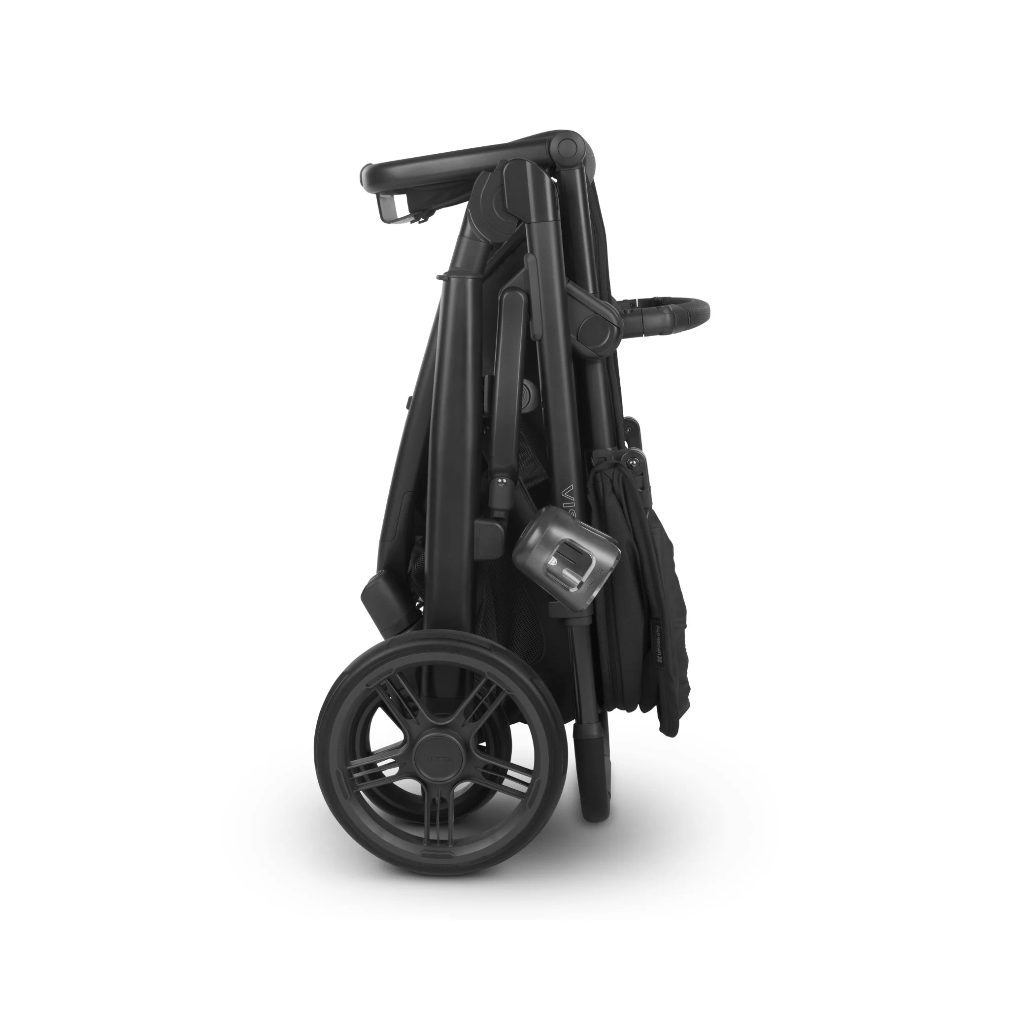 Folded black stroller standing upright with a cup holder attached, on a white background.
