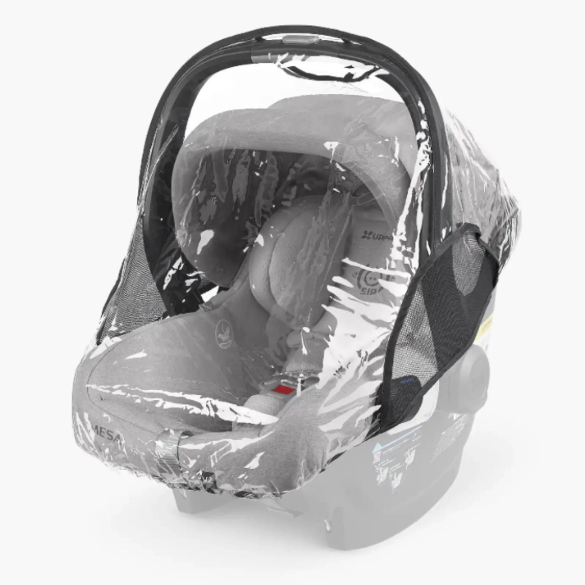 UPPAbaby MESA i-SIZE infant car seat fitted with a clear rain cover, shown on a white background.
