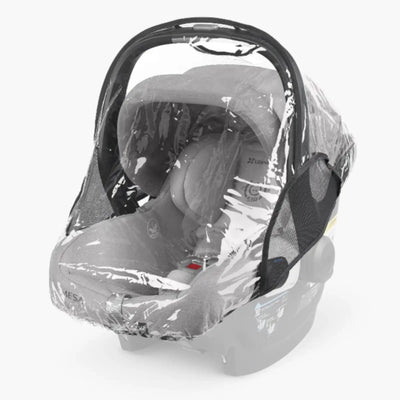UPPAbaby MESA i-SIZE infant car seat fitted with a clear rain cover, shown on a white background.