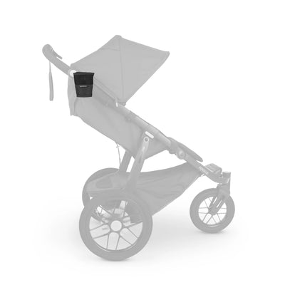 UPPAbaby Ridge collapsible cup holder attached to the stroller handlebar, shown with the stroller in greyed-out outline on a white background.