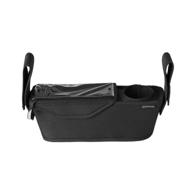 UPPAbaby Ridge parent console organiser with zip pocket and cup holder, on white background.