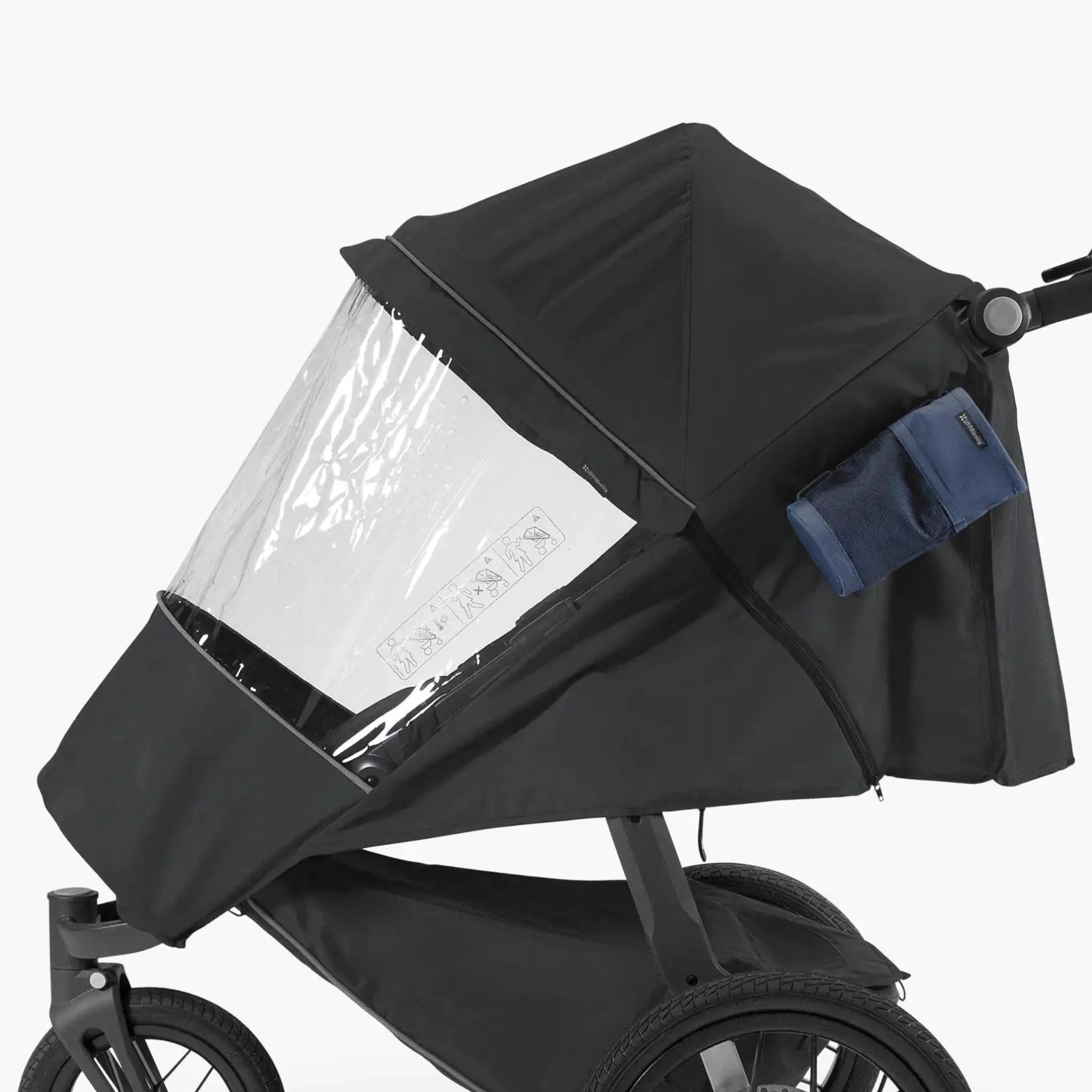 UPPAbaby Ridge Performance Rain Shield close-up on stroller, clear rain cover fitted on white background