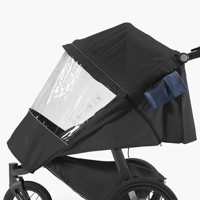 UPPAbaby Ridge Performance Rain Shield close-up on stroller, clear rain cover fitted on white background