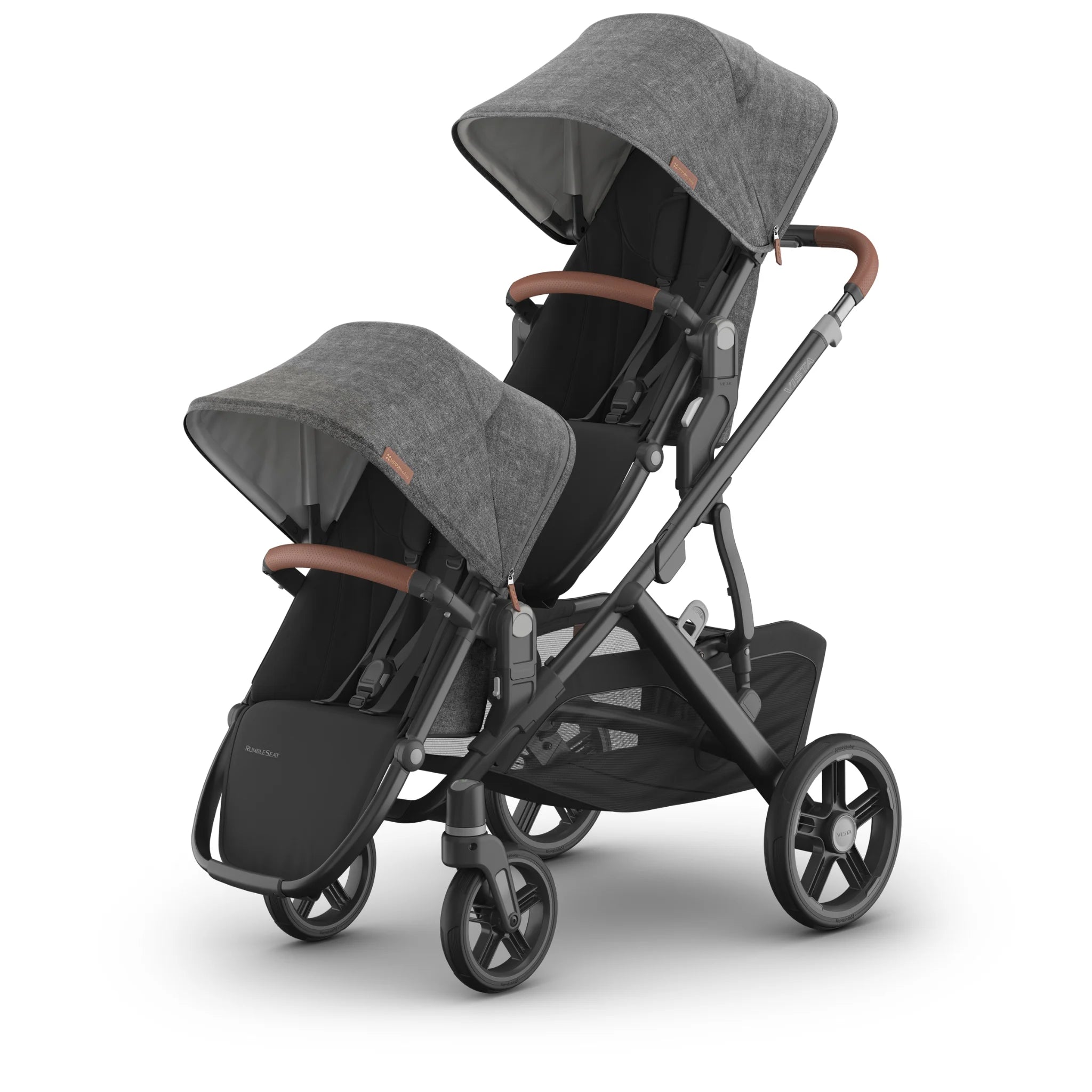 Double grey rumbleseat stroller on a white background.