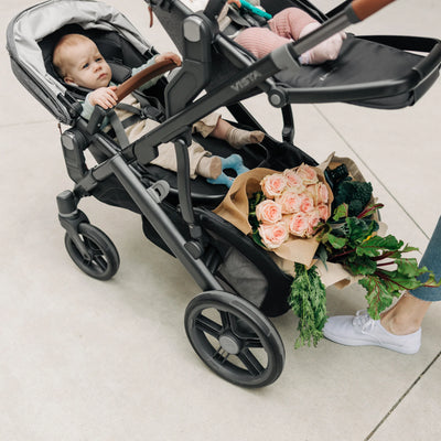 Groceries at the bottom of grey rumbleseat on vista stroller. 